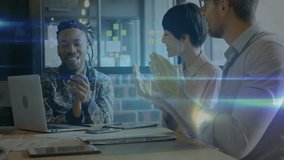 Animation of network of people icons over happy diverse colleagues clapping at casual office meeting. Business, connection, teamwork, digital interface and communication, digitally generated video. - Powered by Shutterstock - Get 15% off with code: PIKWIZARD15