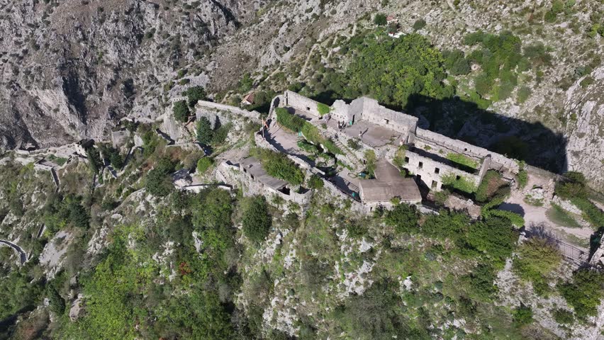 The Castle of St John (San Giovanni) in Kotor, aerial view of the ancient fortress overlooking Kotor Bay, Montenegro