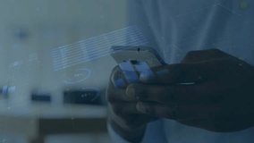 Animation of financial data processing over african american businessman using smartphone. Global finance, business, connections, computing and data processing concept digitally generated video. - Powered by Shutterstock - Get 15% off with code: PIKWIZARD15
