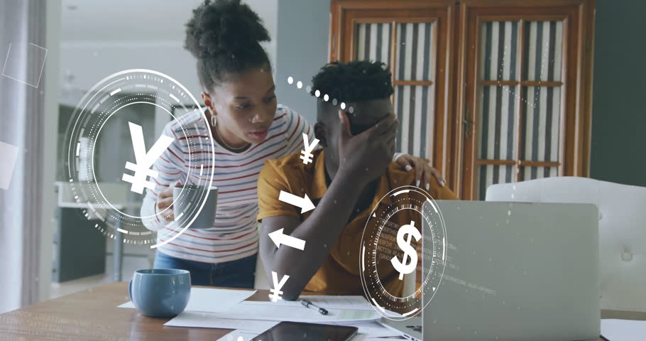 Animation of currency icons data processing over worried african american couple paying bills. Global finance, connections, computing and data processing concept digitally generated video.