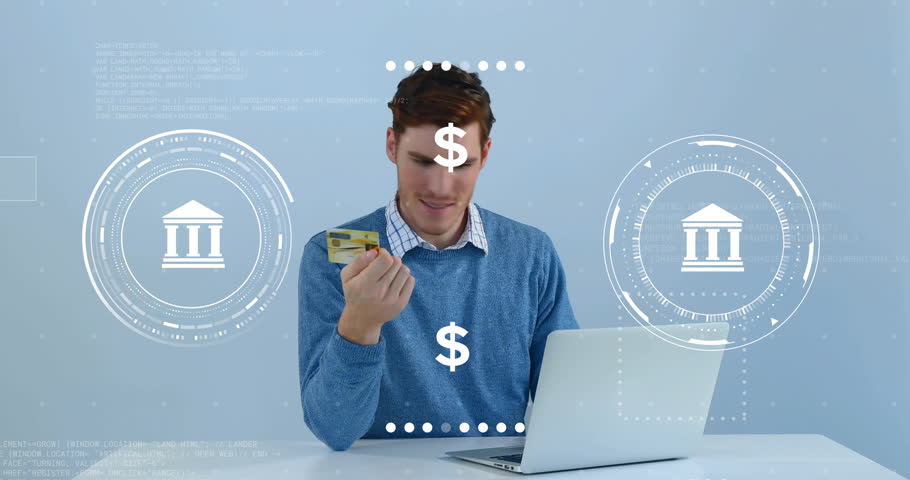 Animation of currency and bank icons data processing over caucasian man paying online. Global finance, connections, computing and data processing concept digitally generated video.