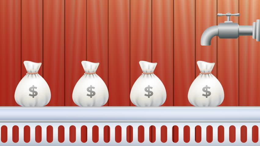 Animated video of money flowing continuously out of a faucet into a series of money bags, symbolizing thriving business, constant steady income or profit