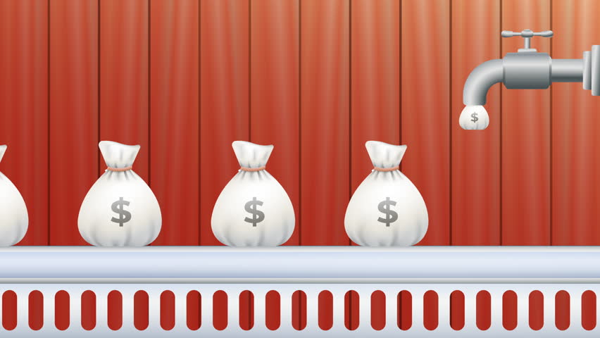 Animated video of money flowing continuously out of a faucet into a series of money bags, symbolizing thriving business, constant steady income or profit