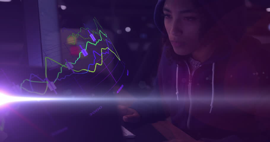 Animation of digital data processing over biracial woman using computer. Global connections, computing and data processing concept digitally generated video.