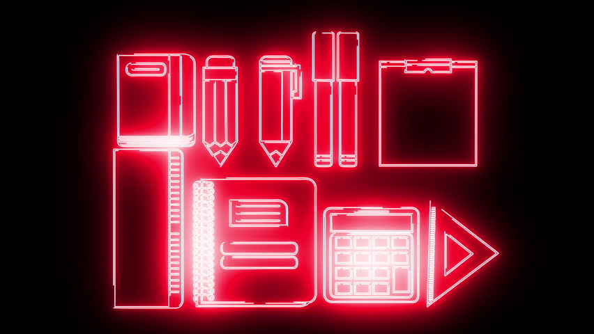 school stationery: pencil, pen, eraser, typex, ruler, sharpener, notebook