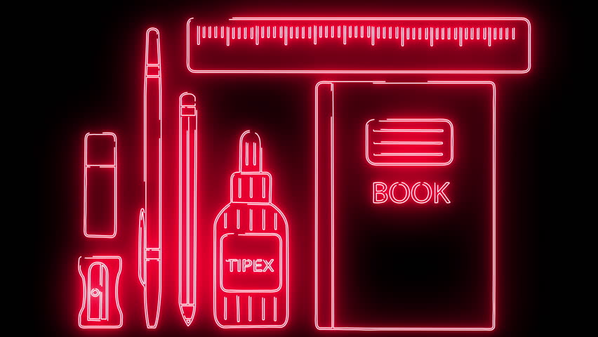 school stationery: pencil, pen, eraser, typex, ruler, sharpener, notebook