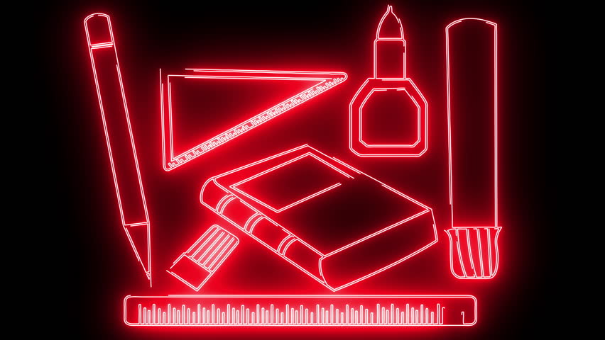 school stationery: pencil, pen, eraser, typex, ruler, sharpener, notebook