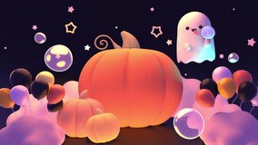Looped cartoon Halloween party with pumpkins, balloons, bubbles, stars, and a kawaii ghost with lollipop animation. - Powered by Shutterstock - Get 15% off with code: PIKWIZARD15