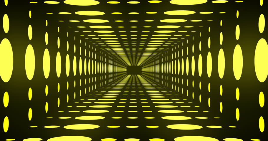 Animation of tunnel of yellow lights with coloured light trails moving through it. Processing, data, energy, light, connection, processing, technology and communication, digitally generated video.