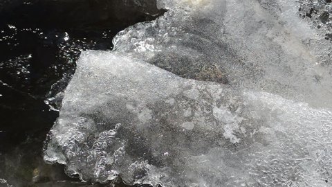 ice covered rapid water flow stream and air bubbles form under it in winter.