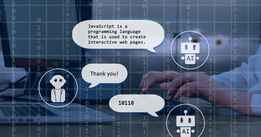 Animation of ai text, chat bot and data processing over caucasian woman using computer. Global artificial intelligence, connections, computing and data processing concept digitally generated video.