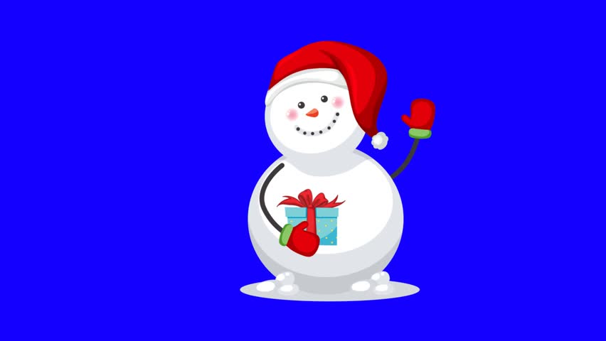 snowman gives a gift at christmas on a green background Animated Video on green screen chromakey