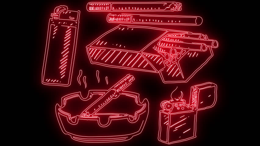 a smoking cigarette, lighter and ashtray. red light animation