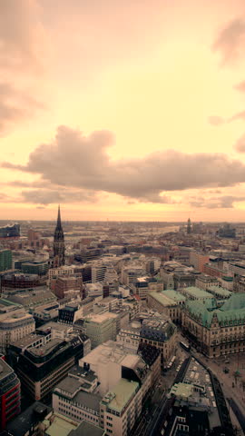 nostalgic static aerial panorama view of downtown Hamburg with town hall, st. nikolai