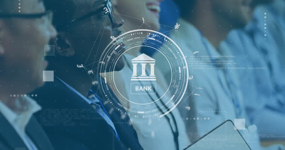 Animation of bank and currency icons over diverse business people. Global online banking, finance, business, connections and data processing concept digitally generated video.