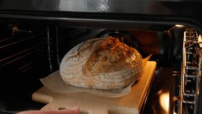 Freshly baked homemade, crispy, aromatic bread. Girl takes bread out of oven with wooden board. Close-up, front view. Sourdough bread, bake, molding, bread on table, baking, bake - Powered by Shutterstock - Get 15% off with code: PIKWIZARD15