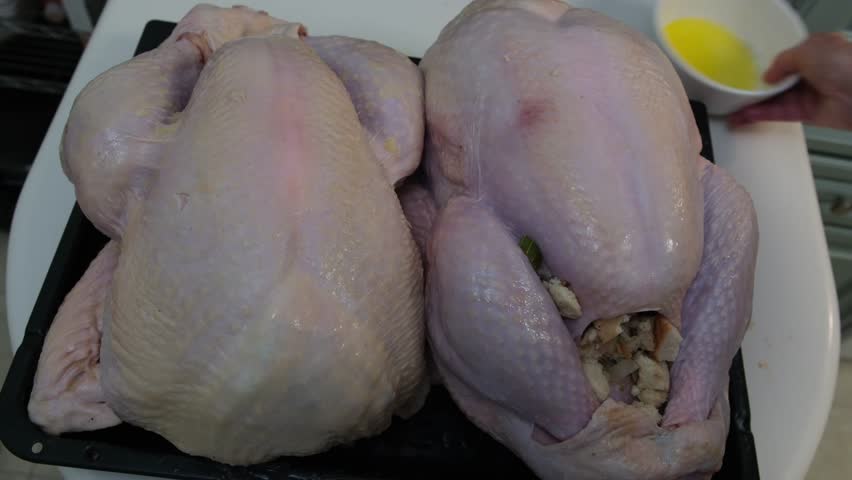 Two Thanksgiving turkeys on Roasting pan. Hand spreading melted butter on the bird before putting into the oven. Making Thanksgiving or Christmas turkey