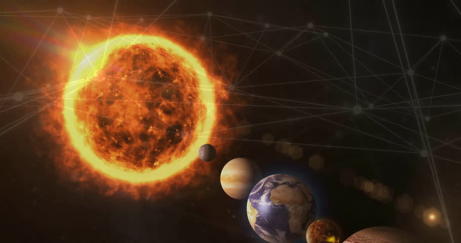 Animation of network of connections over solar system. Global connections, computing and data processing concept digitally generated video.