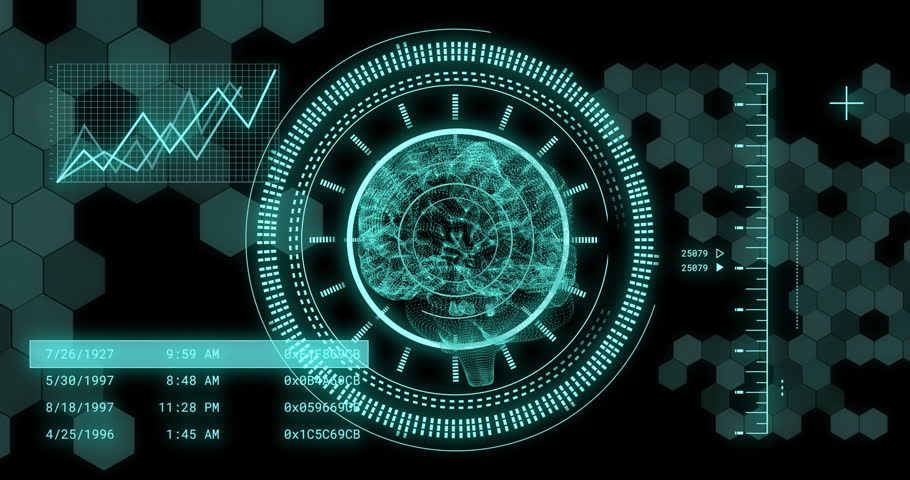 Animation of human brain and digital data processing over black background. Global science, connections, computing and data processing concept digitally generated video.