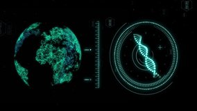 Animation of dna strand, globe and digital data processing over black background. Global science, connections, computing and data processing concept digitally generated video. - Powered by Shutterstock - Get 15% off with code: PIKWIZARD15