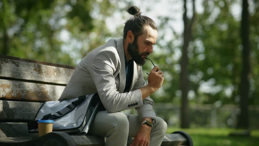 Distressed Man Thinking About  Problems. Guy Thinking Idea. Thoughtful Businessman In Depression. Thoughts Pondering dreaming solving difficult solution creative imagine search inspiration