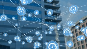 Animation of network of connections with padlock icons over cityscape. Global connections, computing and data processing concept digitally generated video. - Powered by Shutterstock - Get 15% off with code: PIKWIZARD15