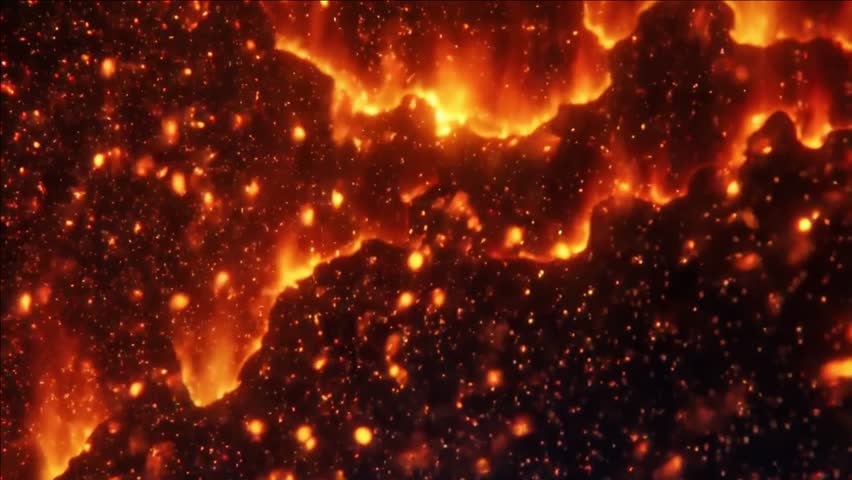 Particles flying in wind on fire background, lava, animation 