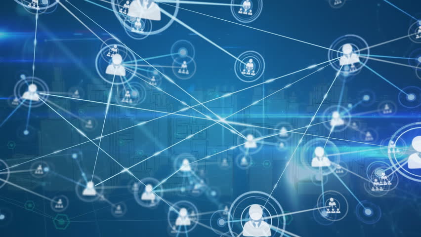 Animation of network of connections with people icons over blue background. Global connections, computing and data processing concept digitally generated video.