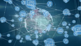 Animation of network of connections with music icons over globe. Global connections, computing and data processing concept digitally generated video. - Powered by Shutterstock - Get 15% off with code: PIKWIZARD15