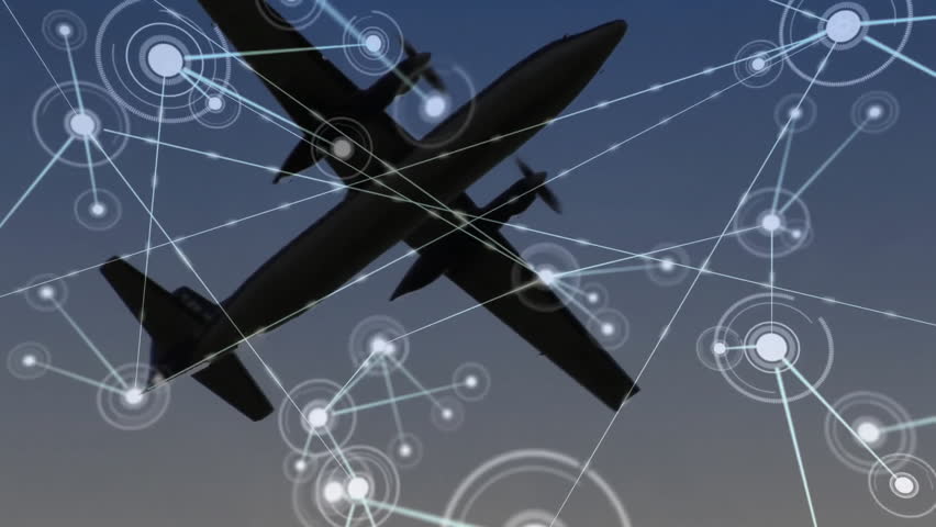 Animation of network of connections over airplane. Global travel, connections, computing and data processing concept digitally generated video.