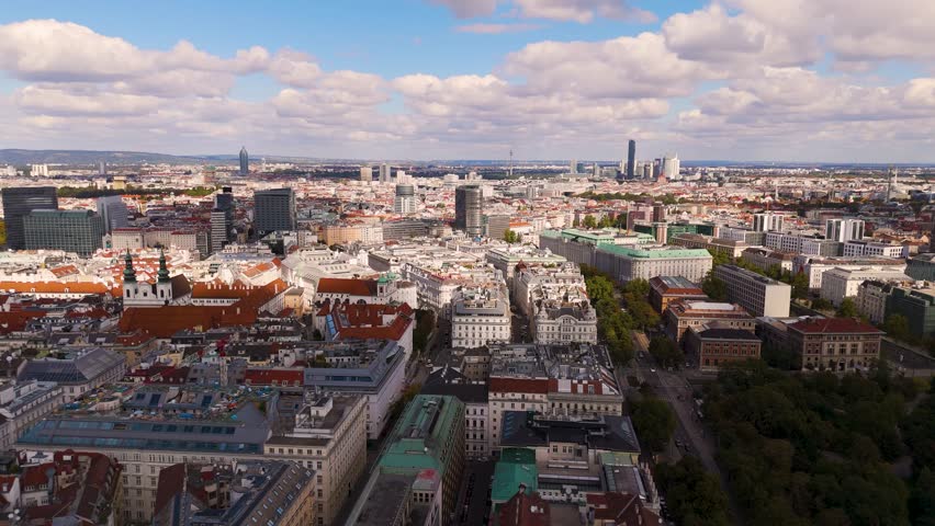 Vienna Austria, aerial shot from a drone. Flight over Vienna city. Top cinematic aerial view. Vienna skyline. Wien downtown landscape. Old architecture 