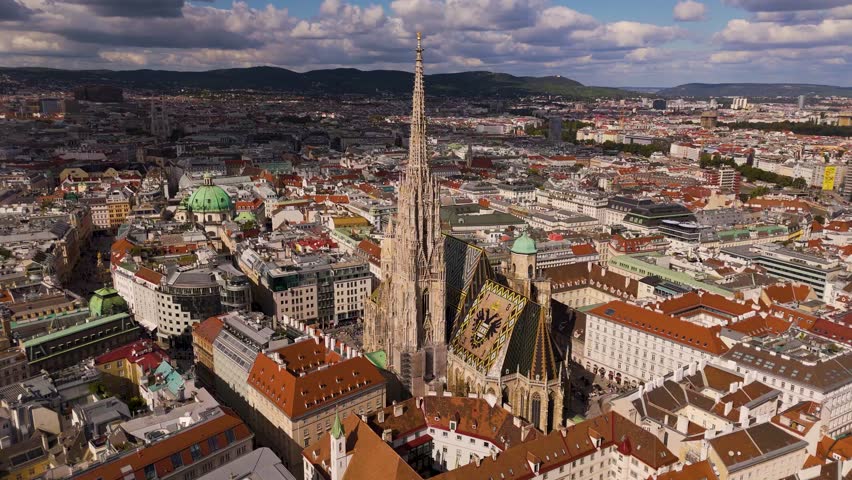 Aerial view of Vienna in Austria. Vienna aerial panorama. Vienna skyline from aerial fly. Wien landscape with historic architecture aerial view