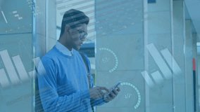 Animation of financial data processing over biracial businessman using smartphone. Global finance, business, connections, computing and data processing concept digitally generated video. - Powered by Shutterstock - Get 15% off with code: PIKWIZARD15