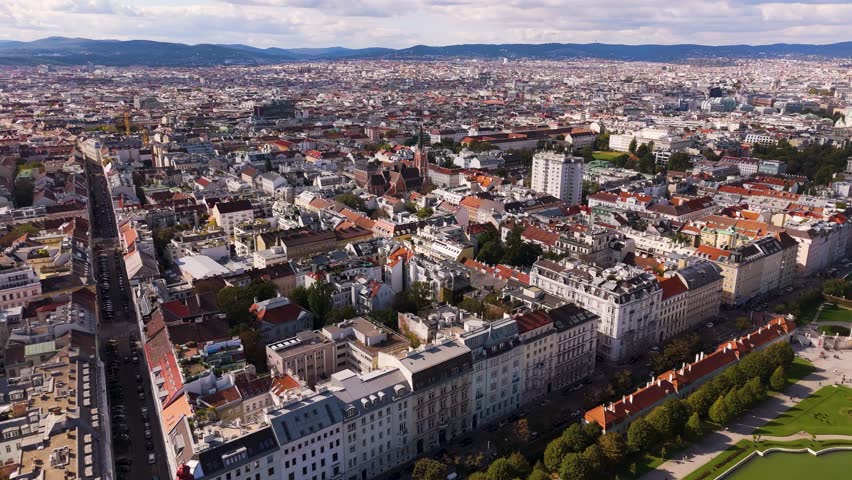 Aerial view of Vienna in Austria. Vienna aerial panorama. Vienna skyline from aerial fly. Wien landscape with historic architecture aerial view