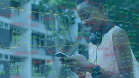 Animation of financial data processing over african american woman using smartphone. Global finance, business, connections, computing and data processing concept digitally generated video. - Powered by Shutterstock - Get 15% off with code: PIKWIZARD15