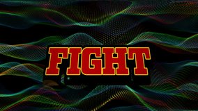 Animation of fight text over glowing light trails background. Global video game, digital interface, communication, computing and data processing concept digitally generated video. - Powered by Shutterstock - Get 15% off with code: PIKWIZARD15