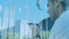 Animation of data processing and diagrams over biracial man talking on smartphone in city. Global business and digital interface concept digitally generated video. - Powered by Shutterstock - Get 15% off with code: PIKWIZARD15