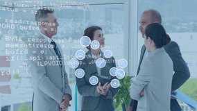 Animation of media icons and data processing over diverse colleagues discussing work at meeting. Global business, teamwork and digital interface concept digitally generated video. - Powered by Shutterstock - Get 15% off with code: PIKWIZARD15