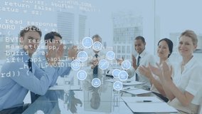 Animation of media icons and data processing over diverse colleagues clapping hands at meeting. Global business, teamwork and digital interface concept digitally generated video. - Powered by Shutterstock - Get 15% off with code: PIKWIZARD15