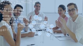 Animation of media icons and data processing over diverse colleagues clapping hands at meeting. Global business, teamwork and digital interface concept digitally generated video. - Powered by Shutterstock - Get 15% off with code: PIKWIZARD15