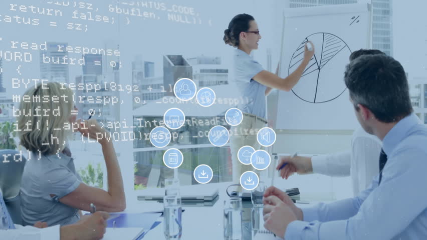 Animation of media icons and data processing over diverse colleagues discussing work at meeting. Global business, teamwork and digital interface concept digitally generated video. - Powered by Shutterstock - Get 15% off with code: PIKWIZARD15