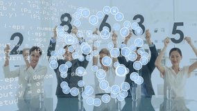 Animation of media icons and data processing over diverse colleagues grading at meeting. Global business, teamwork and digital interface concept digitally generated video. - Powered by Shutterstock - Get 15% off with code: PIKWIZARD15