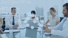 Animation of media icons and data processing over diverse colleagues discussing work at meeting. Global business, teamwork and digital interface concept digitally generated video. - Powered by Shutterstock - Get 15% off with code: PIKWIZARD15