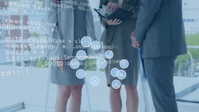 Animation of media icons and data processing over diverse colleagues discussing work at meeting. Global business, teamwork and digital interface concept digitally generated video. - Powered by Shutterstock - Get 15% off with code: PIKWIZARD15