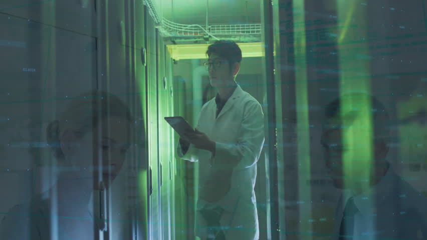 Animation of diagrams and data processing over asian male worker in server room over business people. Global technology and digital interface concept digitally generated video. - Powered by Shutterstock - Get 15% off with code: PIKWIZARD15