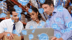 Animation of network of connections with icons over diverse workers using laptop in warehouse. Global business, teamwork and digital interface concept digitally generated video. - Powered by Shutterstock - Get 15% off with code: PIKWIZARD15