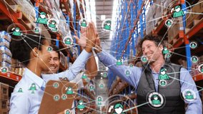 Animation of network of connections with icons over diverse workers high fiving in warehouse. Global business, teamwork and digital interface concept digitally generated video. - Powered by Shutterstock - Get 15% off with code: PIKWIZARD15
