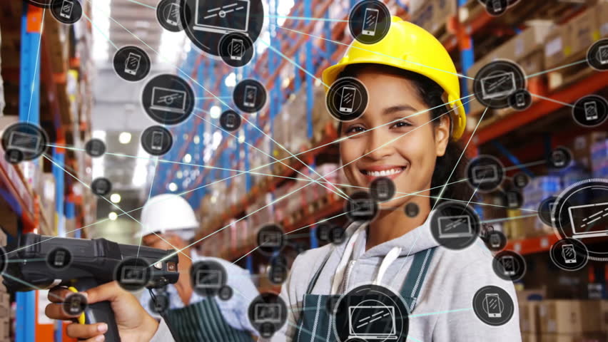 Animation of network of connections with icons over diverse workers scanning wares in warehouse. Global business, teamwork and digital interface concept digitally generated video. - Powered by Shutterstock - Get 15% off with code: PIKWIZARD15