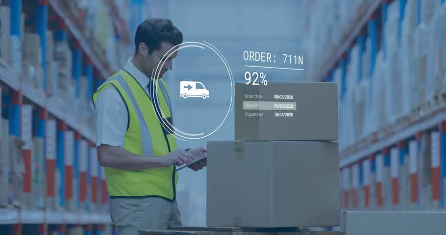 Animation of car icon and data processing over caucasian male worker inspecting cartons in warehouse. Global business and digital interface concept digitally generated video.