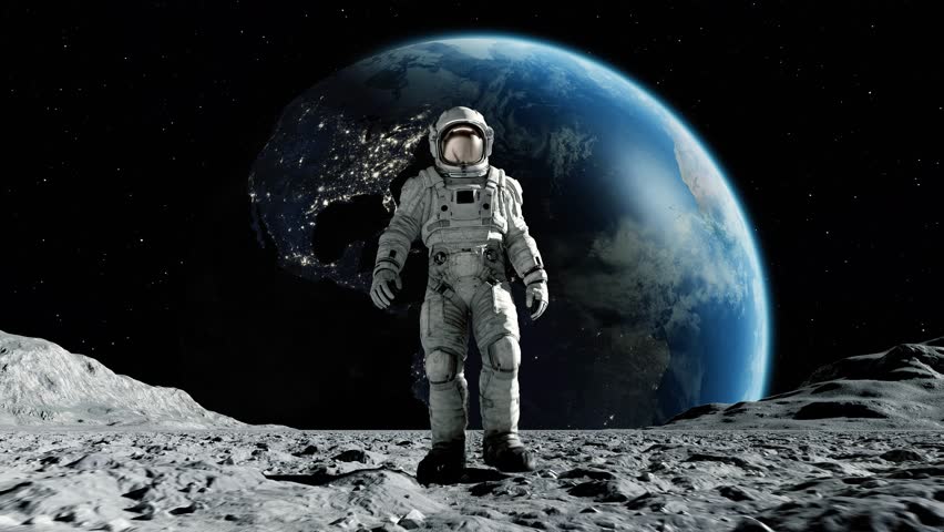 Astronaut in Spacesuit on Planet in Space on Earth Background. Spaceman Exploring Surface Moon in Expedition. 3d Animation Walking Man Cosmos Loop Footage. Unrecognizable Cosmonaut. 3D Illustration